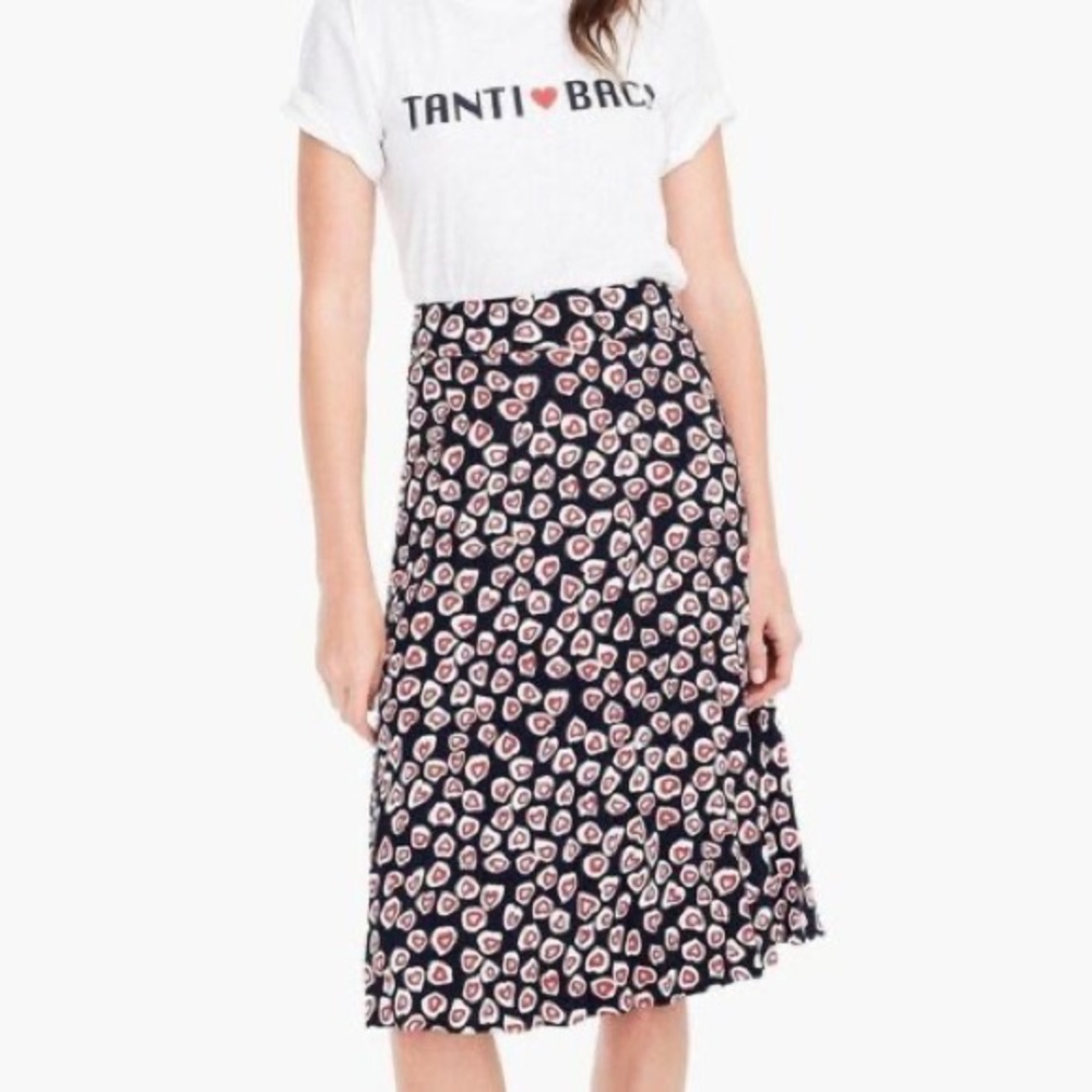 J Crew Navy Blue Red Hearts Pleated Midi Skirt